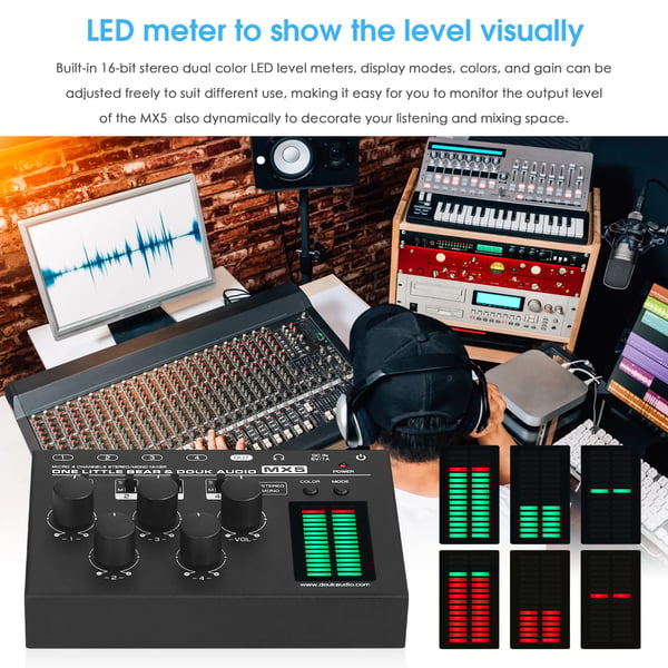Lydmixer, 4-kanal, understøtter 6,35 mm og 3,5 mm indgange, LED niveau målere, kompakt design, drevet af DC5V
