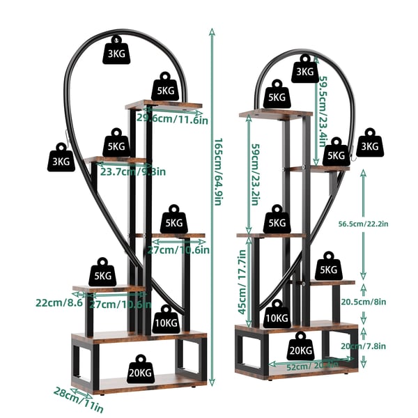 Plantebord, 6 niveauer, Dimensioner 112x28x165 cm, Vægt 18 kg, Materiale MDF & Metal, Farve Sort & Brun