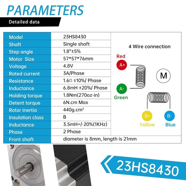 Stepper Motor, Holdende Moment 270 Oz-in, Dimensioner 57mm x 57mm x 76mm, Strøm 3A, Trinvinkel 1,8 grader, Fase 2