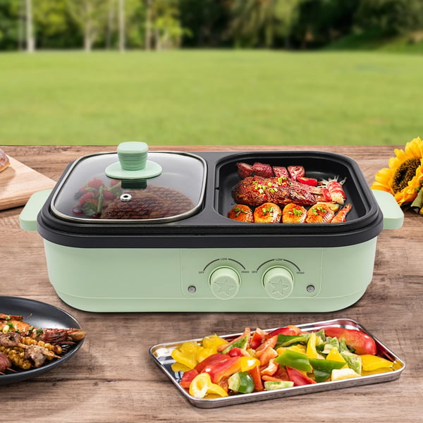 Hot Pot Koger, Dobbelt Temperaturkontrol, Non-Stick Stegepande,34cm, grøn
