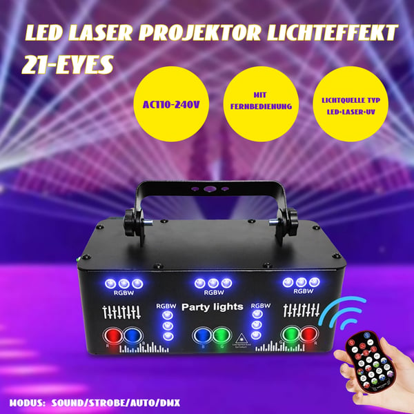 Scene lys, 10W effekt, LED + laser + UV, fjernbetjening 5m rækkevidde, IP42 beskyttelse, koncertbelysning