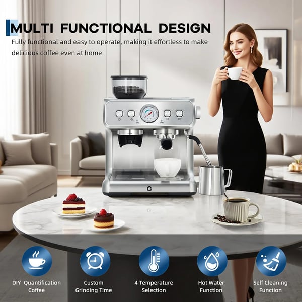 Espressomaskin, 20 Bar Pump, Precision Kvarn,Silver