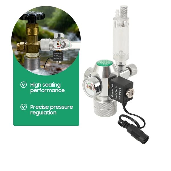 CO2 Trykregulator, Kompakt Metal- og Plastdesign, Solenoidventil Inkluderet, Kompatibel med Sodastream Flasker, Indbygget Boble Zähler