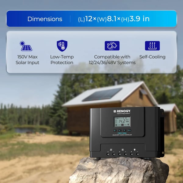 Solcelleladekontrol, 60A ladestøm, 150V maksimal solindgangsspænding, kompatibel med 12V/24V/36V/48V systemer, op til 98% effektivitet, LCD-display