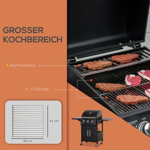 Gasolgrill, 3 brännare, 3 kW effekt, mått 121 x 55 x 109 cm, mobil design, lättläst termometer