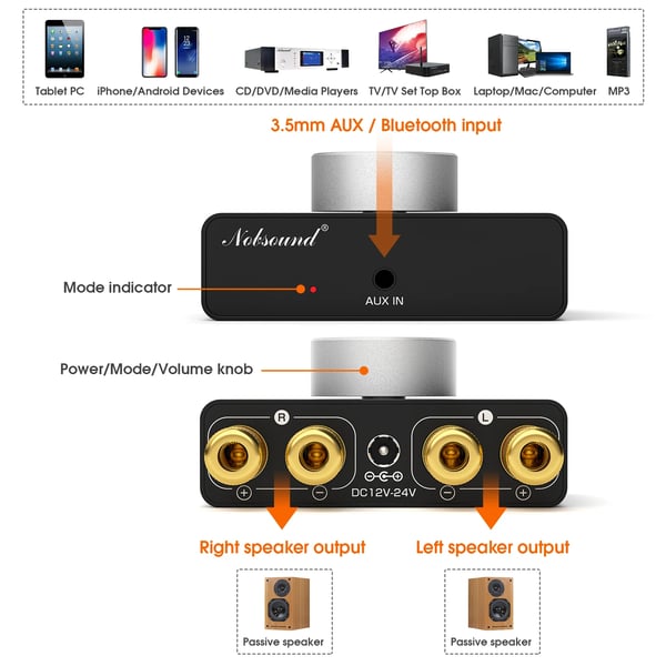 Forstærker, 50W x 2 udgangseffekt, Bluetooth- og AUX-tilslutning, kompakt aluminiumkrop, 20Hz-20kHz frekvensrespons