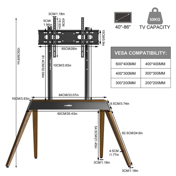 TV Gulvstand, Justerbar Højde, Kompatibel med 40" til 86" Skærme,sort