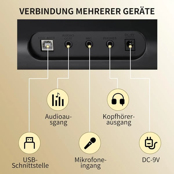 Digitalpiano, 61 tangenter, 300 toner, 40 demolåtar, inbyggda högtalare, anslagskänsligt