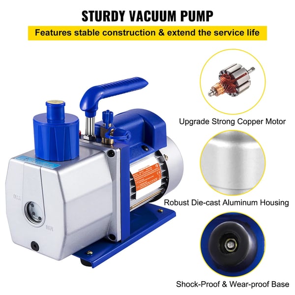 Vakuumpumpe, 7 CFM FAD, 1/3 HK Effekt, 5 Pa Ultimativ Vakuum, 110V/60Hz US, 220V/50Hz EU