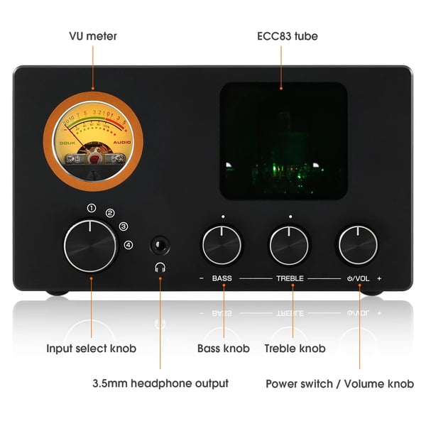 Audio vælger splitter, 4 RCA indgange, rørforstærker, 20Hz - 20KHz frekvensrespons, 152mm x 92mm x 85mm