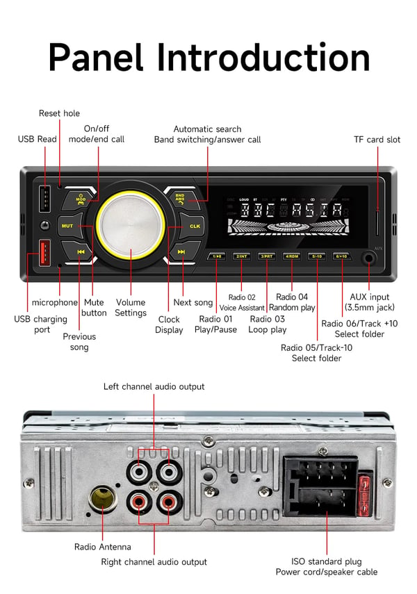 Bilradio, Bluetooth 5.0, Dobbelt USB-porte,MP3-afspiller