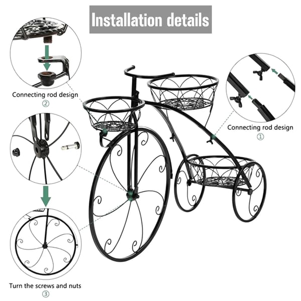 Cykelplanteholder, 3-lags design, smedet jernkonstruktion,Sort