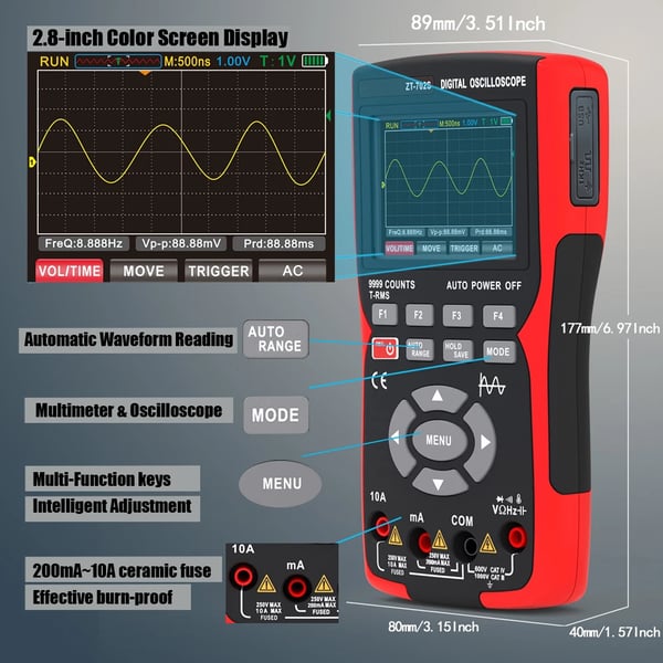 Digital Oscilloskop Multimeter, 2,8 tommer IPS Farve LCD, 10MHz Båndbredde, 48MSa/s Sampling Rate,ZT-702S