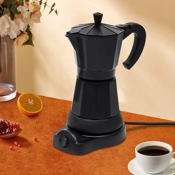 Moka-kahvipannu, 300 ml kapasiteetti, 480 W teho, moderni muotoilu,musta