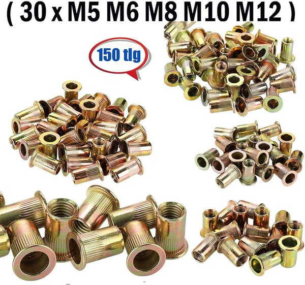 Niittimutterityökalu, pituus 335 mm, ergonominen kahva, yhteensopivat koot M5-M12, sisältää 150 niittimutteria, paino 2 kg