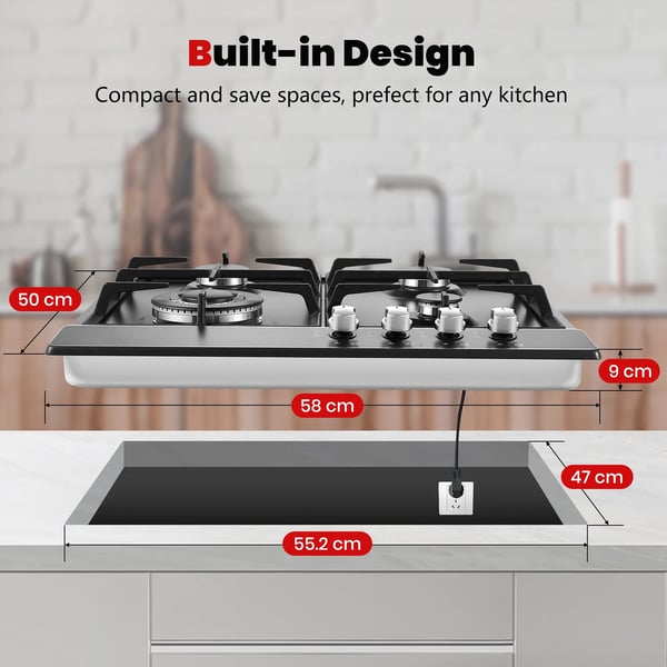 Gasblus, 4 brændere, dual brændstof, elektronisk tænding, indbygget design, 8060 W effekt