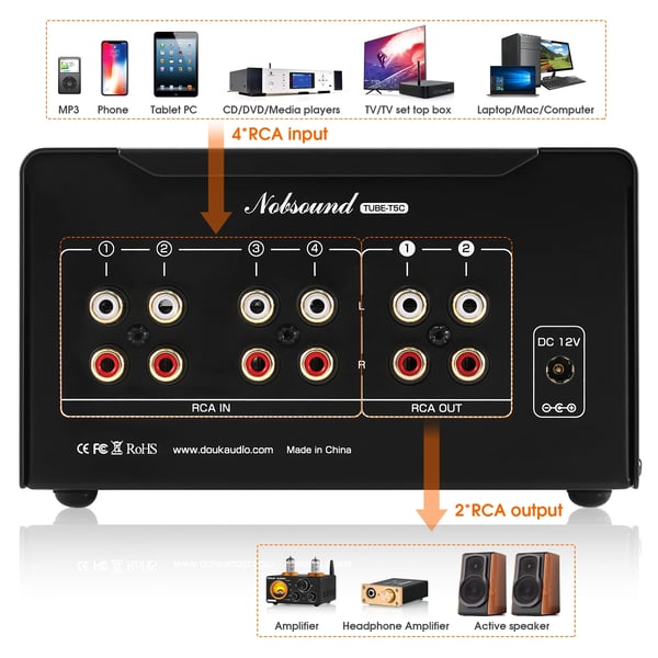 Audio vælger splitter, 4 RCA indgange, rørforstærker, 20Hz - 20KHz frekvensrespons, 152mm x 92mm x 85mm
