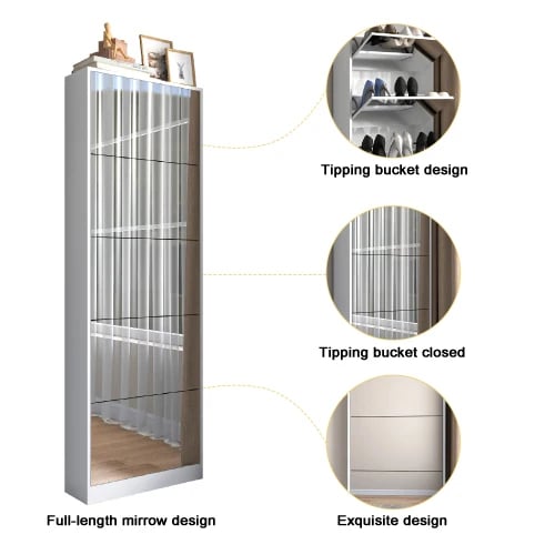Skoopbevaringsorganisator, MDF-materiale, Højde 185 cm, 5 vippe-skuffer, 3 mm spejltykkelse, Pladsbesparende design