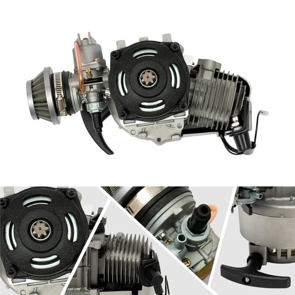 To-taktsmotor, 49cc slagvolumen, 3HK effekt, 12500 RPM, 0,32 gallons brændstoftank, holdbar konstruktion