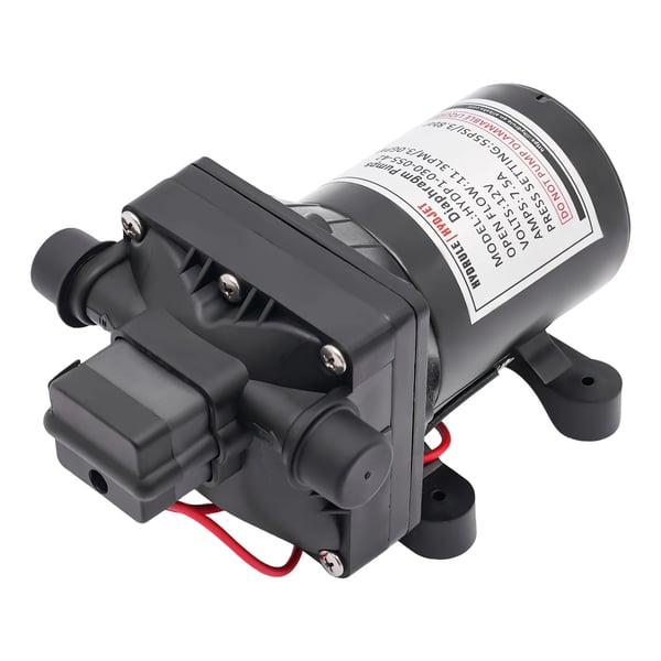 Vandpumpe, 12V, 3,0 GPM flowrate, 55 PSI maks. tryk, dimensioner 21,2 x 12,45 x 10,975 cm, støjniveau 60 dB