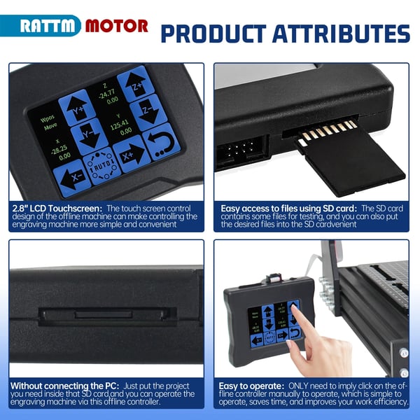 CNC Offline Controller, 28 tommer Touchscreen, 95 x 80 x 18,5 mm, Kompatibel med 3018/3020/4540, Wifi Funktion: Ja, Inkluderer SD-kort og U-disk