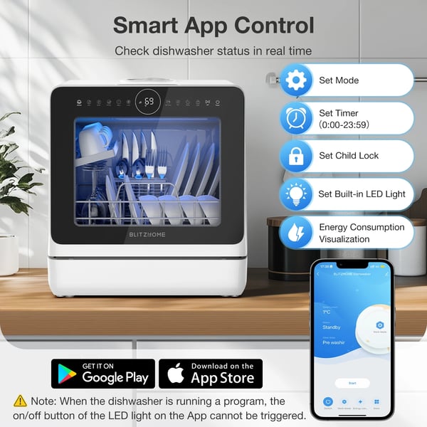 Bordopvaskemaskine, APP Kontrol, 8 Vaskeprogrammer,sort