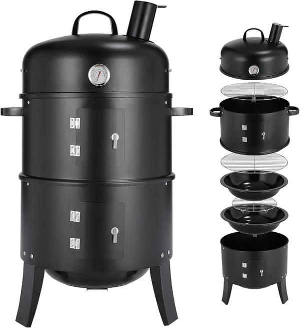 Rökargrill, Rostfritt Stål, Mått: 90 cm x 38 cm x 47 cm, Kompatibilitet: Kol och Rökningsdamm, Justerbara Ventilationsöppningar, Inbyggd Termometer