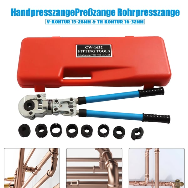 Säädettävät hydrauliset puristuspihdit, 6 tonnin maksimivoima, tehokas ratchet-rakenne, monipuoliset putkiliitoksiin.