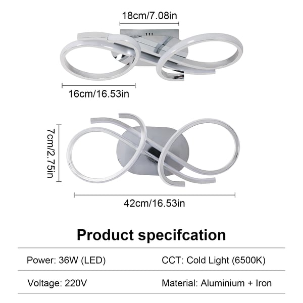 Loftlampe, 36W, Aluminium + Jern, Hvidt Lys (6500K), Energi Effektiv, Overflademonteret