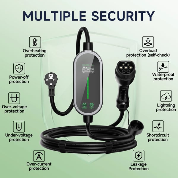 Bærbar EV-lader, Wi-Fi og Bluetooth kontrol, justerbar strøm 6A-16A,TYPE2, Type2 med app 5m