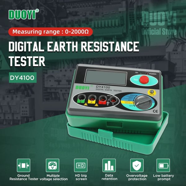 Jordmodstandstester, 0-2000 Ohm måleområde, digital skærm, 0-30V testspænding, 150 x 100 x 70 mm dimensioner, driftstemperatur 0℃ til 40℃
