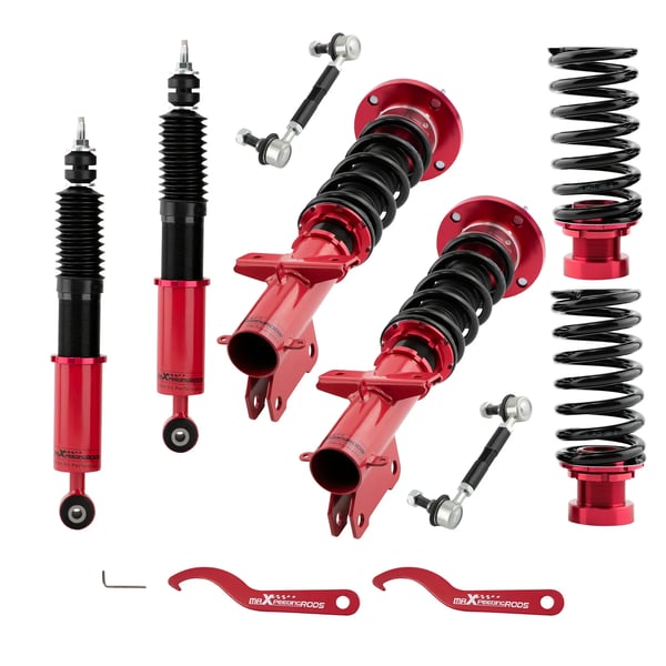 Coilover-jousitussarja, 24-suuntaisesti säädettävä iskunvaimennin, 8 kg/mm etujousen jäykkyys, 6 kg/mm takajousen jäykkyys, säädettävä korkeus 505-665 mm edessä, säädettävä korkeus 500-585 mm takana