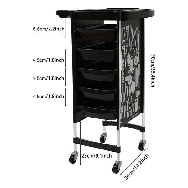 Salonvogn, Premium PP og Rustfrit Stål, 36 cm x 90 cm, 5 Skuffer, 80 kg Kapacitet, 4 Universelle Hjul