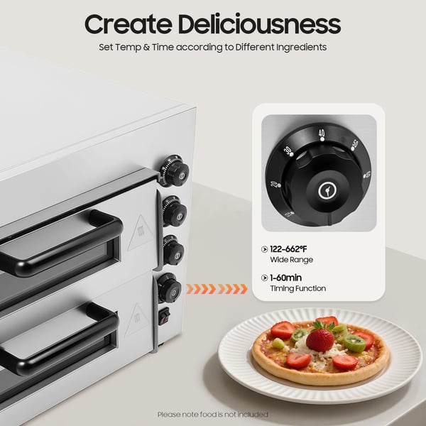 Pizzaovn, 3000W, 220V, 2 niveauer, 50-350℃ temperaturinterval, 57 x 47,5 x 44 cm dimensioner