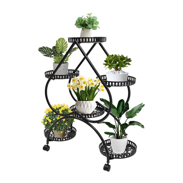 4-lags planteholder, hjerteformet design, universelle hjul, indendørs og udendørs brug,sort