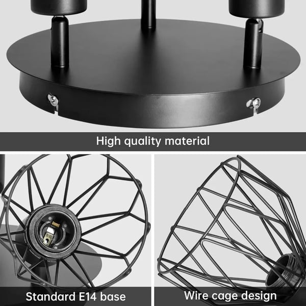 Loftlampe, 3-Lygt Drejelig Design, Industriel Stil,sort, Ingen pære