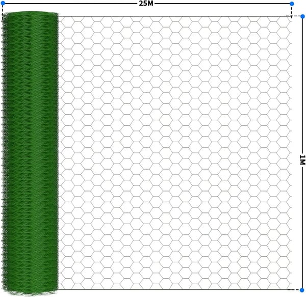 Hexagonal Net, 1m Højde, 25m Længde, Net Bredde 25 mm, PVC Belagt, Fleksibel Design