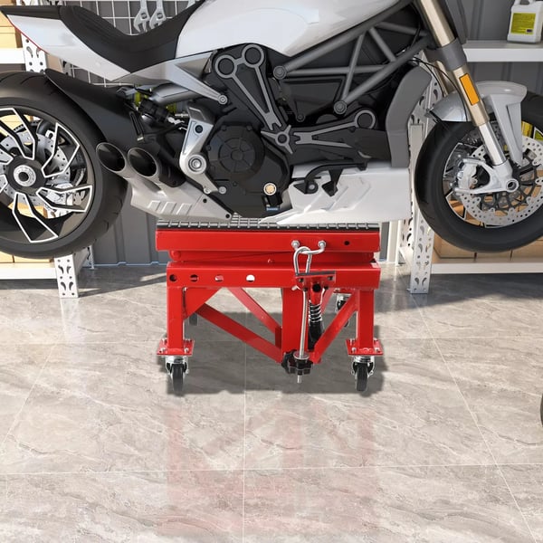 Motorcykel Lifter, Maksimal Løftehøjde 905 mm, Belastningskapacitet 158 kg, Solid Stål Konstruktion, 4 Ruller, Låsesystem til Hjul