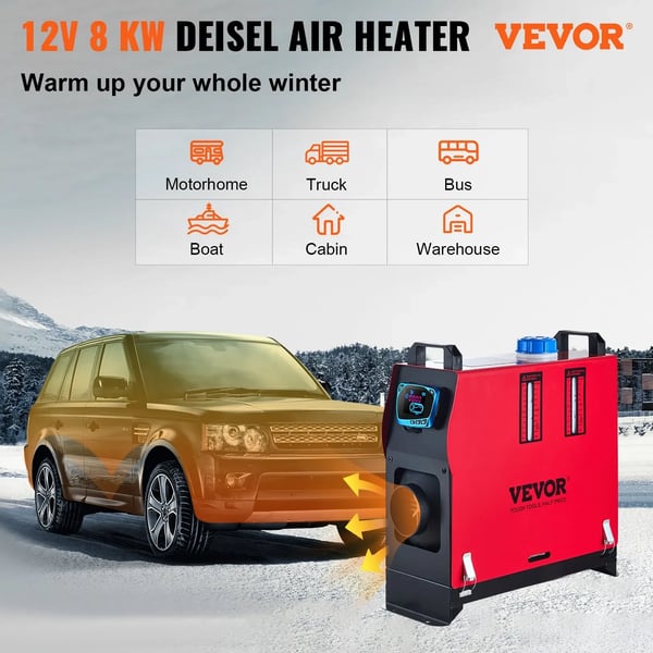 Diesel Luftvarmer, 12V, 8KW, 5L Tankkapacitet, Justerbar Temperatur 64℉-104℉, Fjernbetjeningafstand 98 ft