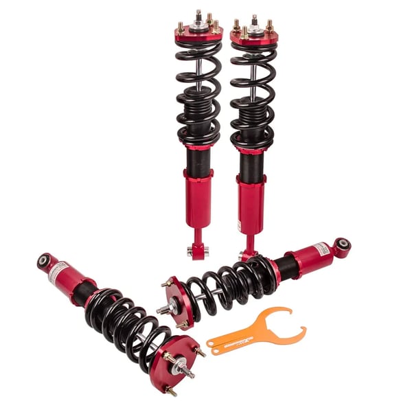 Coilover affjedringssystem, 24-vejs justerbar dæmper, fjederhastighed foran: 12 kg/mm, bag: 10 kg/mm, varelængde: 64 mm, varebredde: 52 mm