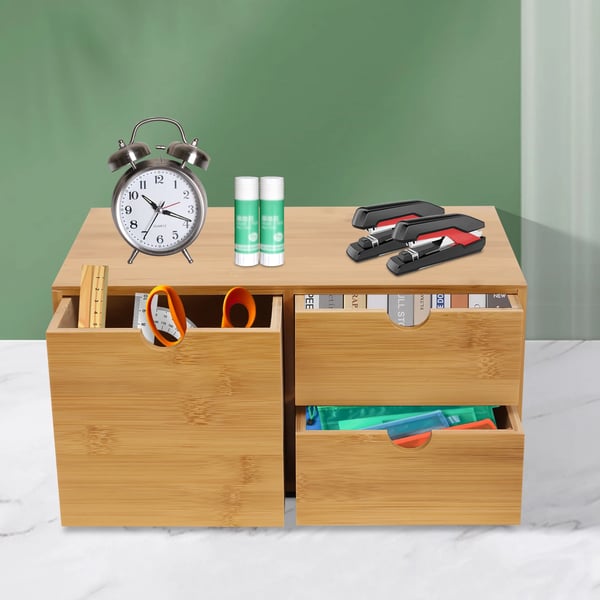 Bambus Skrivebordsorganisator, 3 Skuffer, Rektangulær Form, Desktop Placering, Miljøvenligt Materiale, 33*19*16cm