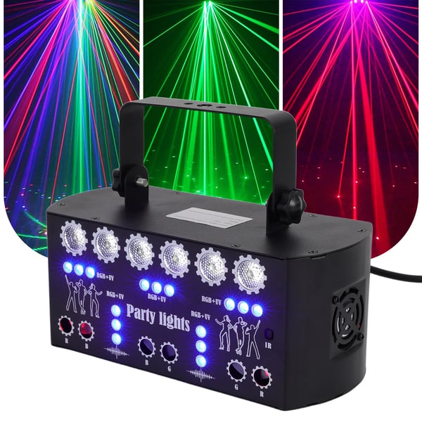 LED Festlys, 15W Effekt, AC 100-240V Spænding, 21 LED'er + 6 Laserstråler, CE Certificeret, Multi-Stråle Effekt
