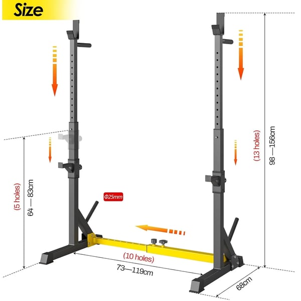 Squat Rack, Understøtter op til 250 kg, Højdejusterbar 98-156 cm, 3-i-1 Multifunktionelt Design, 13 Højdejusteringsniveauer