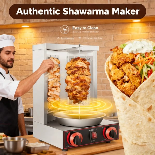 Gas Shawarma Maskine, 3000W Effekt, 220V Spænding, Temperaturinterval RT-300 °C, Dimensioner 29,5*30*48,5cm, Bakke Størrelse 29,5*13*2,3cm