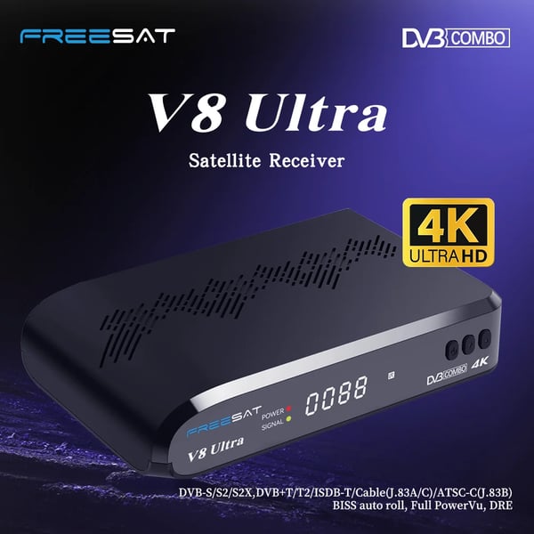 Satellitmottager, 4K Ultra HD, DVB-kompatibilitet,FREESAT V8 Ultra, EU-stik