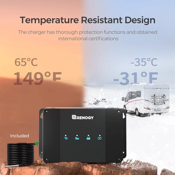 DC til DC Batterioplader, 12V, 50A Opladningsstrøm, MPPT Teknologi, Kompatibel med Gel- og Lithiumbatterier, Kompakte Dimensioner