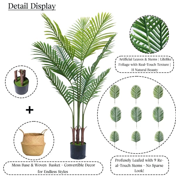 Faux Areca Palmetræ, Vedligeholdelsesfrit, Alsidigt Indendørs og Udendørs Brug,4.6ft-140cm(55in)