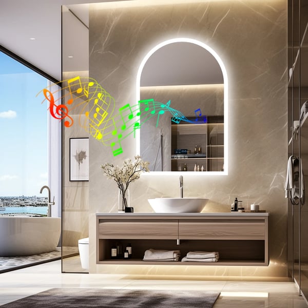 Badeværelsesspejl, Bluetooth-højttaler, dæmpbart lys,Aluminium, Sølv