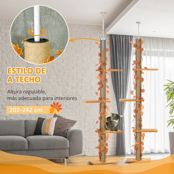 Kattetræ, Træmateriale, Højdejusterbar 202-242 cm, Fire lag, Orange platforme, Velegnet til katte