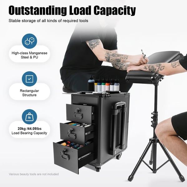 Tattoo Trolley Case, Bærbar Opbevaringsløsning, Nem Mobilitet,sort